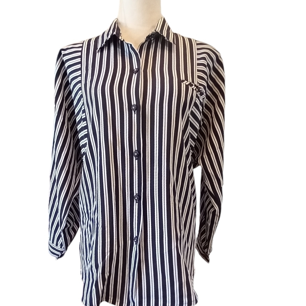 1980s VINTAGE Black & White Stripe BLOUSE w Shoulder Pads, Rhinestone